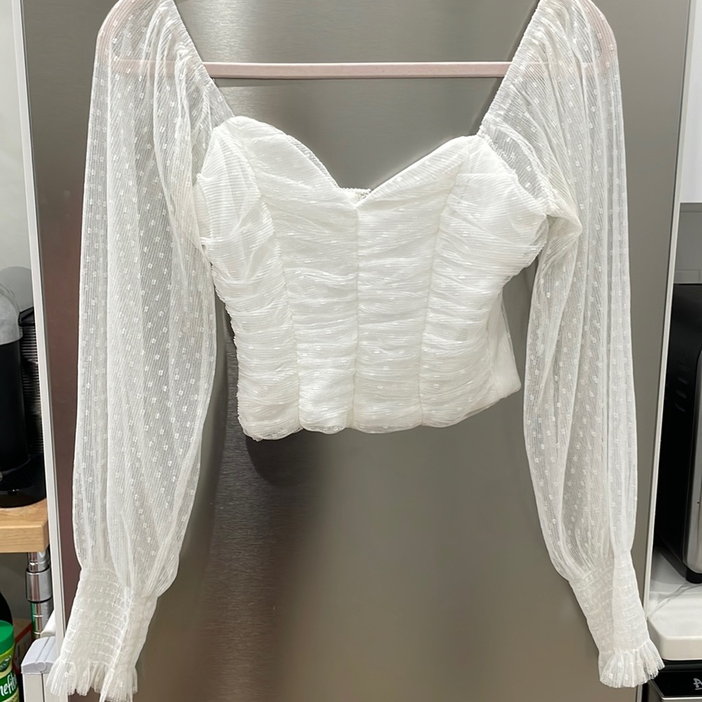 White Mesh Sleeve Crop Top